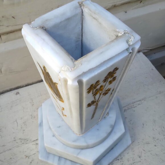 Old Antique White Marble Gold Painted Flowers Stepped Base HEAVY Urn/Vase - Picture 7 of 13